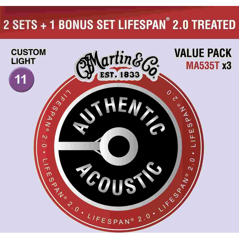 Martin Authentic Acoustic Lifespan 2.0 Phosphor Bronze Guitar Strings -.011-.052 Custom Light Value Pack - ULT975560815730