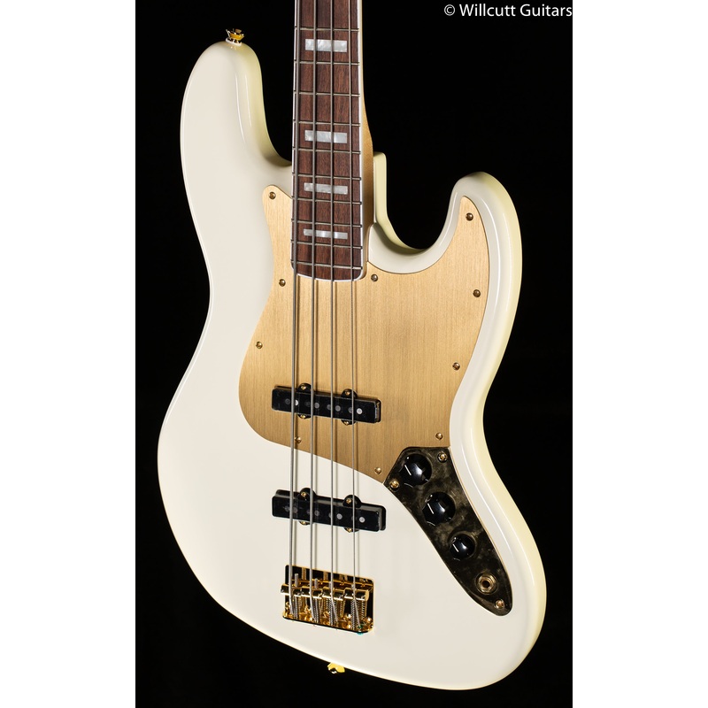 Squier 40th Anniversary Jazz Bass Gold Edition Laurel Fingerboard Gold Anodized Pickguard Olympic White Bass Guitar - ULT975560812866