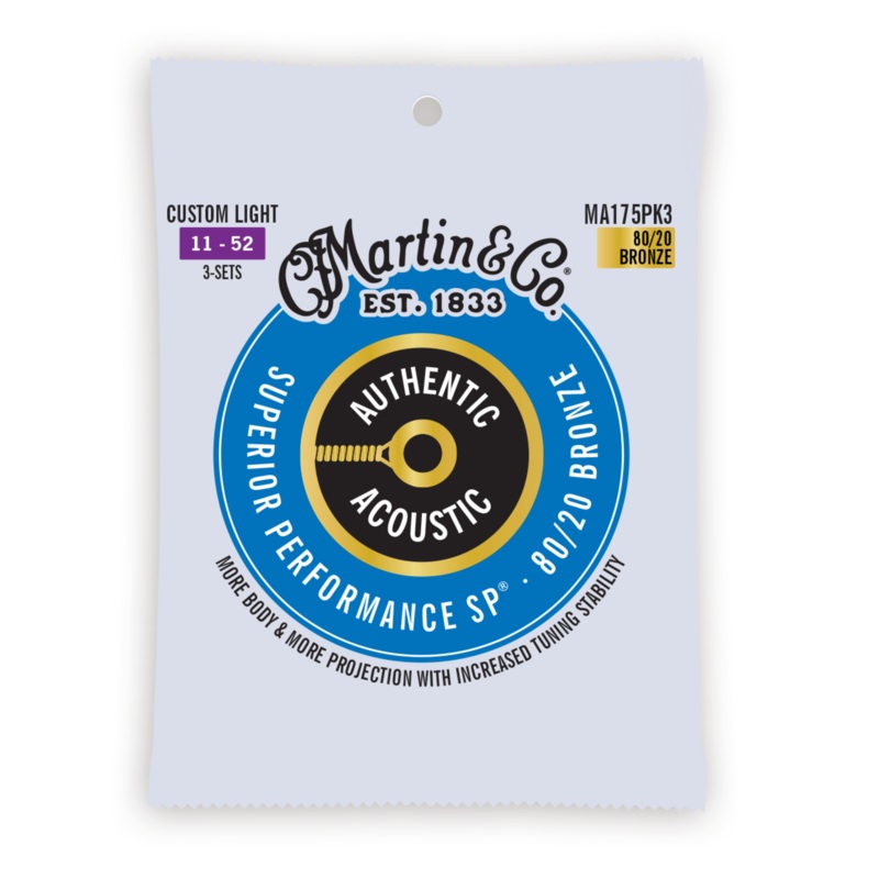 Martin 3 Pack 11-52 Custom Light Authentic Acoustic SP 80/20 Bronze Guitar Strings