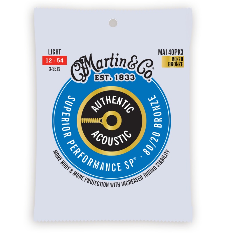 Martin 3 Pack 12-54 Light Authentic Acoustic SP 80/20 Bronze Guitar Strings